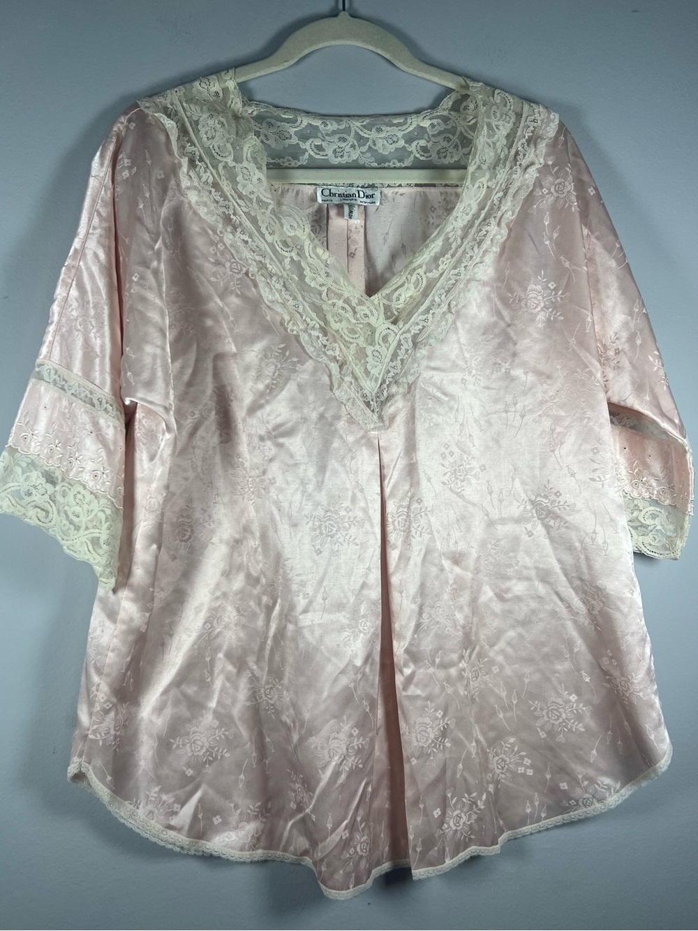 Vintage 80s Christian Dior Light Pink Lace Floral Pajama Set Medium - Picture 7 of 15